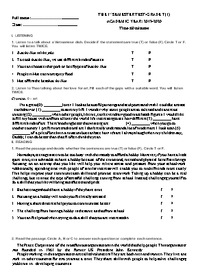 Đề kiểm tra học kì 1 môn Tiếng Anh Lớp 7 - Năm học 2019-2020 (Có đáp án)